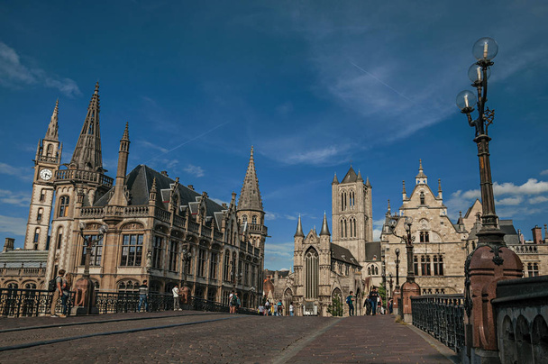 St. Michael Bridge with churches and gothic buildings in Ghent - Фото, изображение