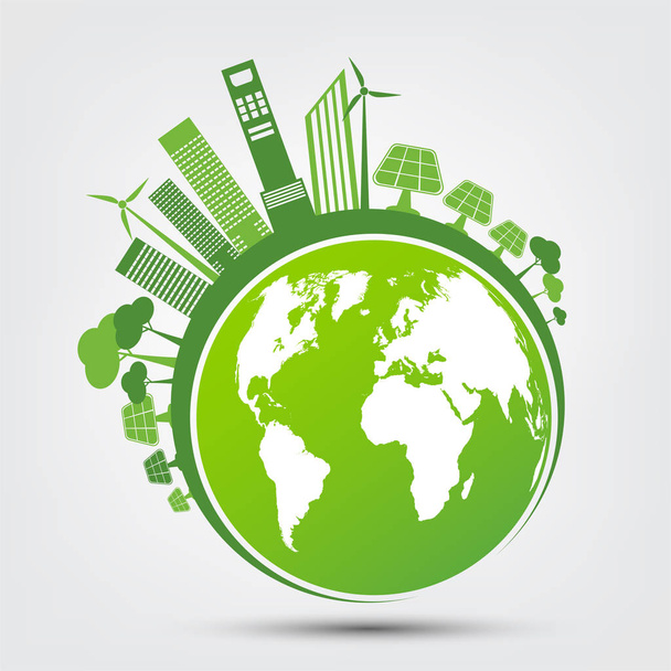 Οικολογία και περιβαλλοντική αντίληψη, σύμβολο της γης με πράσινα φύλλα γύρω από τις πόλεις Βοηθήστε τον κόσμο με φιλικές προς το περιβάλλον ιδέες, απεικόνιση διανυσματικών φορέων - Διάνυσμα, εικόνα
