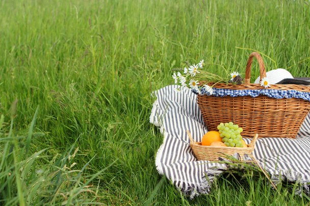 snack basket, picnic blanket on the grass close-up, place for text - Photo, Image