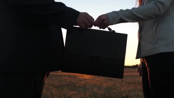 teamwork business people. businessman and businesswoman shaking hands in glow of sunset. Business woman passes briefcase with documents to businessman. farmers man and woman made a deal. - Footage, Video