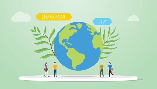 Environment Day concept met grote aarde en groene plant met team mensen en woorden met moderne platte stijl-vector - Vector, afbeelding