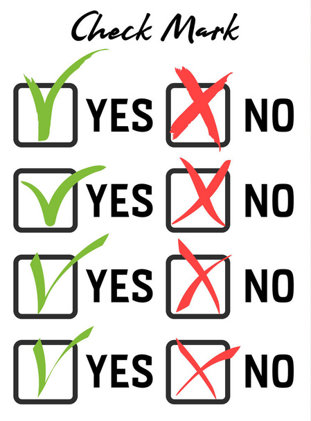 Large set Green checkmark and red crosshair in handwritten grunge style in boxes on white background. Consent or refusal to poll questionnaires, tests. - Vector, Image