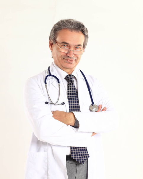 smiling therapist doctor with stethoscope .isolated on white background - Photo, image