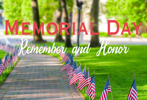 Americké vlajky se rozprostřel na trávníku veřejného parku jako součást slavnosti pamětní den..  - Fotografie, Obrázek