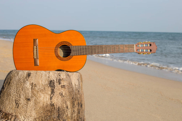 Guitar on sand beach In the beautiful summer - Photo, Image
