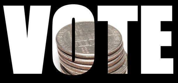 Inscrição de voto com dinheiro dentro no fundo preto
 - Foto, Imagem