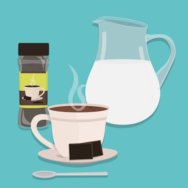 Jug of milk, cup of hot chocolate and chocolate powder packing. Spoon in front of the cup. Blue backgroung. - Vector, Image