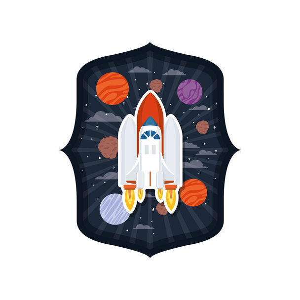 frame with rocket flying and planets of the solar system - Vector, Image