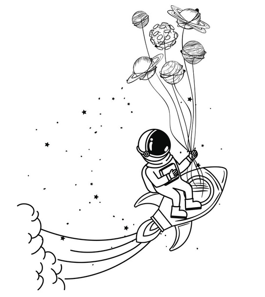 astronaut with spacesuit and rocket in white background - Vector, Image