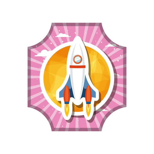 frame with rocket flying and planet of the solar system - Vector, Image