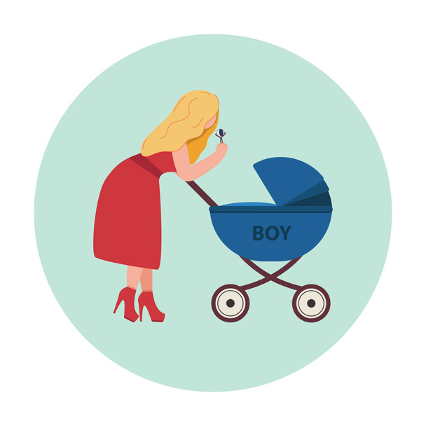 Eine junge Mutter in Kleid und Stiefeletten beugt sich über einen Kinderwagen. Kinderwagen mit der Aufschrift Junge. flache Abbildung. - Foto, Bild