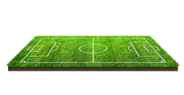 Campo de fútbol o campo de fútbol en la textura patrón de hierba verde aislado sobre fondo blanco con camino de recorte. Fondo del estadio de fútbol con patrón de línea de césped verde
. - Foto, imagen