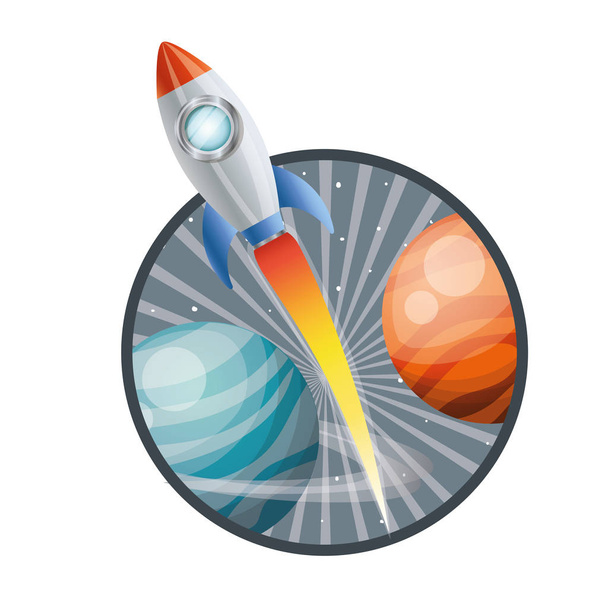 frame with rocket flying and planets of the solar system - Vector, Image