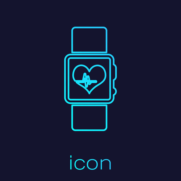 Mavi arka planda izole edilmiş kalp atış hızı çizgisi simgesini gösteren Turkuaz Akıllı saat. Fitness Uygulaması konsepti. Vektör İllüstrasyonu - Vektör, Görsel