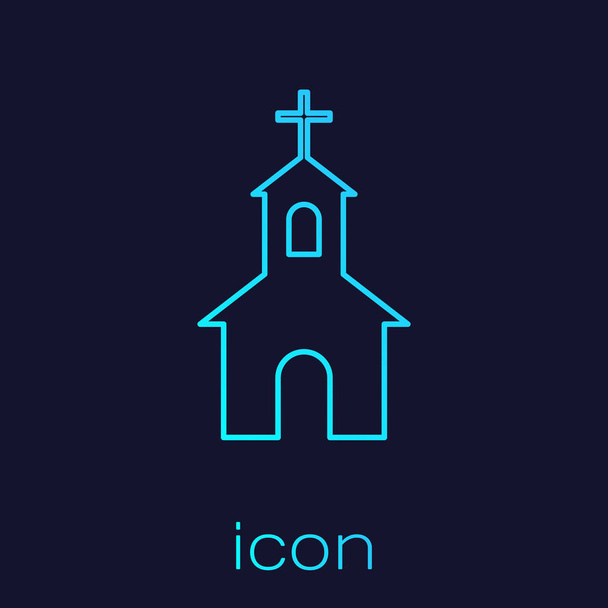 Бірюзова церква будівля лінії ікона ізольована на синьому фоні. Християнська Церква. Релігії церкви. Векторна ілюстрація - Вектор, зображення
