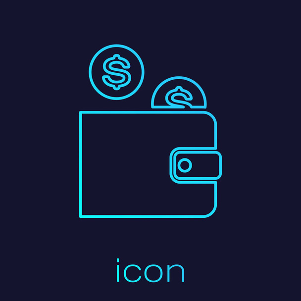 Turquoise Wallet with coin line icon isolated on blue background. Money Wallet. Coin dollar symbol. Vector Illustration - Vector, Image