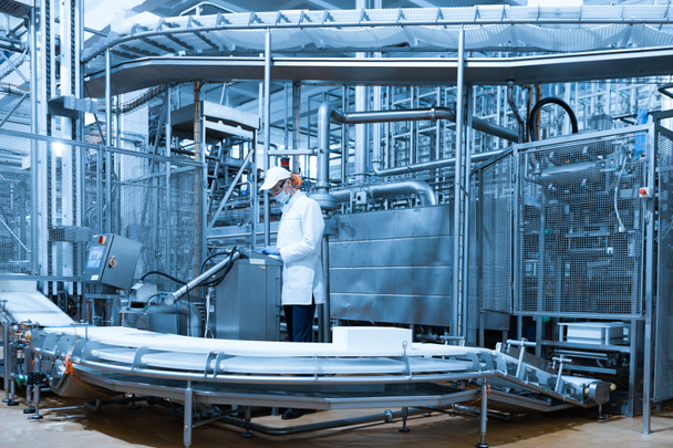 man in a white robe and a cap make an inspection of the production line - Photo, Image