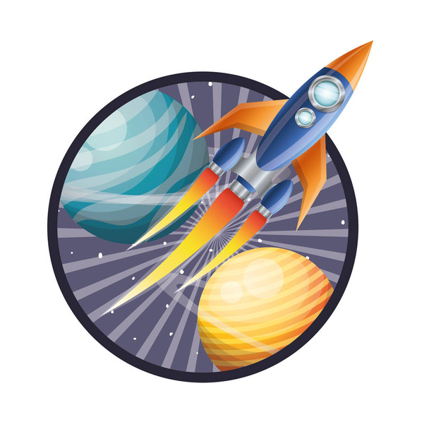 marco con cohete volando y planetas del sistema solar
 - Vector, Imagen