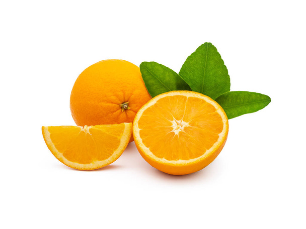 a group of fresh orange fruits with green leaves, isolated on white background with clipping path. fruit product display or montage, studio shot - 写真・画像
