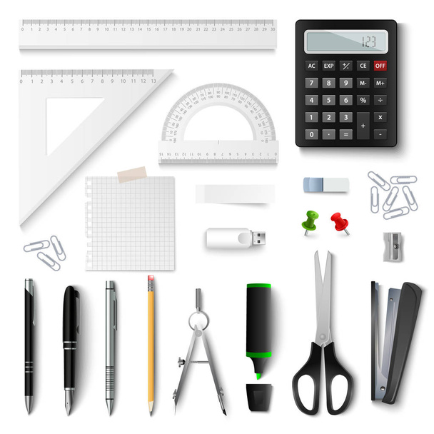 Collection of office and school supplies on white background - Vector, Image