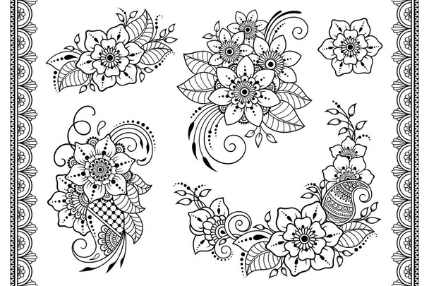 Set of Mehndi flower pattern and seamless border for Henna drawing and tattoo. Decoration in ethnic oriental, Indian style. Doodle ornament. Outline hand draw vector illustration. - Vector, Image