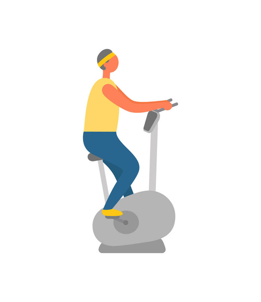 Mann im Fitnessstudio mit stationärem Fahrrad-Bodybuilding - Vektor, Bild