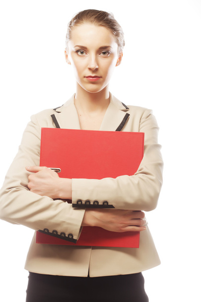 Smiling business woman with red folder - Zdjęcie, obraz