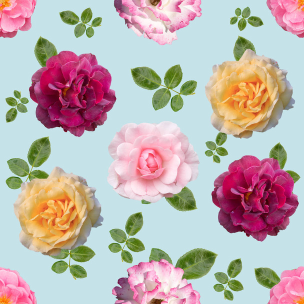 Seamless pattern with different flowers of roses on blue  backgr - Foto, Imagem