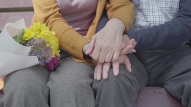Close up hands of an old woman holding the hand of old man. Hands of mature people. Tender relationship adult couple outdoors. - 映像、動画