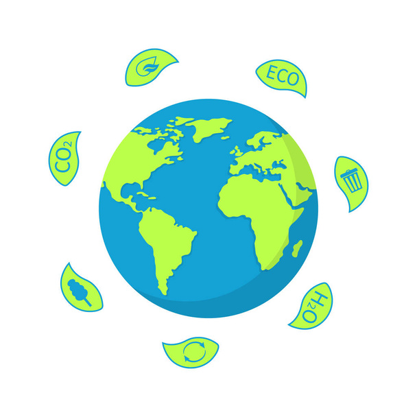 Earth Globe lehtien kanssa Maailman ympäristöpäivä. Ekologinen planeetta. Ympäristöystävällinen muotoilu. Vektoriesimerkki
. - Vektori, kuva