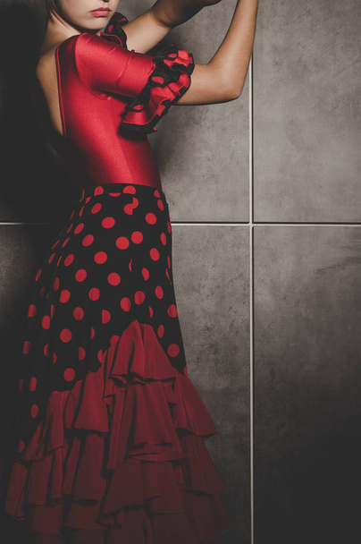 woman in red dress dancing spanish flamenco  - Foto, Imagem