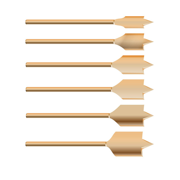 Broca metálica detalhada 3d realista para ferramentas de conjunto de bocados de madeira para trabalhos de construção, furo de perfuração
. - Vetor, Imagem