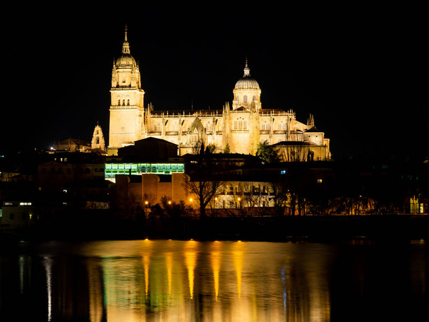 Longue vue de nuit sur la cathédrale et le pont Enrique Estevan à Salamanque (Espagne)
) - Photo, image