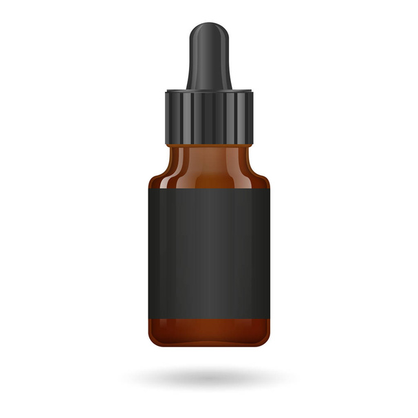 Realistic essential oil brown bottle. Mock up bottle. Cosmetic vial, flask, flacon. Medical bank. Cosmetic dropper-bottle with design label. Vector illustration. - Vector, Image