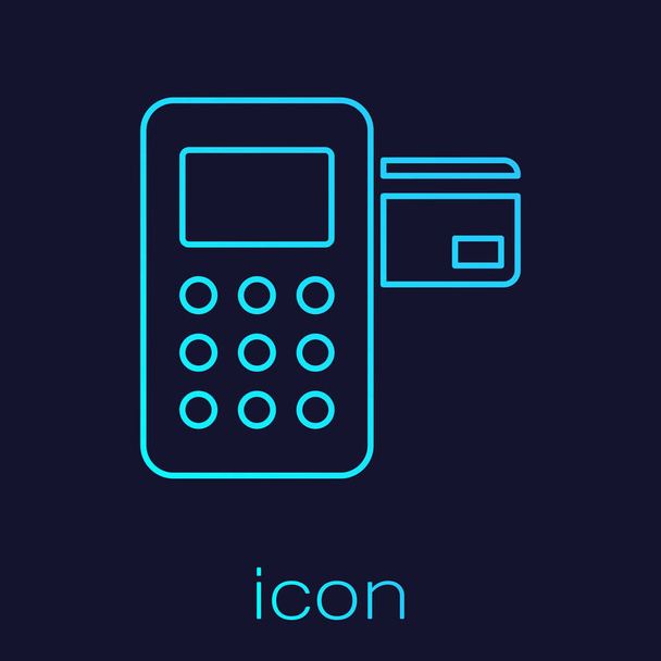 Turquoise POS Terminal met ingevoegde creditcard lijn icoon geïsoleerd op blauwe achtergrond. Betalingsterminal transactie. Vector illustratie - Vector, afbeelding