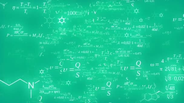 Fórmulas Matemáticas Brillantes Volando a la Cámara / Animación presenta brillantes fórmulas matemáticas sobre fondo verde volando a la cámara
 - Metraje, vídeo