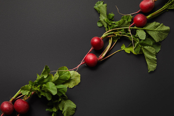 whole nutritious tasty radish with green leaves on black background  - Valokuva, kuva
