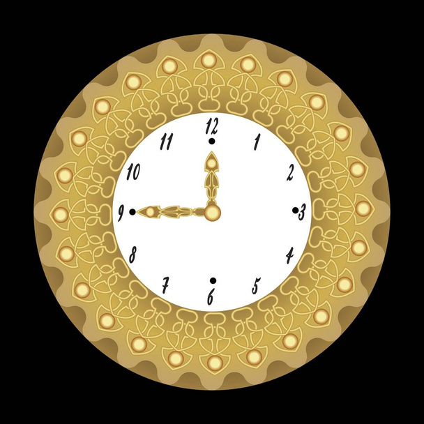 Antique richly decorated clock, golden metal with filigree patterns, isolated art deco object on black background - Vector, Image