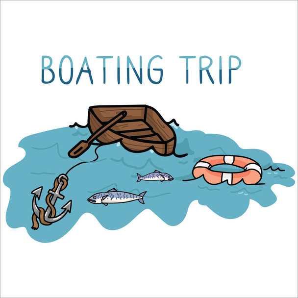 ●可愛いボート旅行セット漫画ベクトルイラストモチーフセット。海のブログ、水のウェブボタンのための手描きの孤立した魚、アンカーとブイ要素クリップアート. - ベクター画像