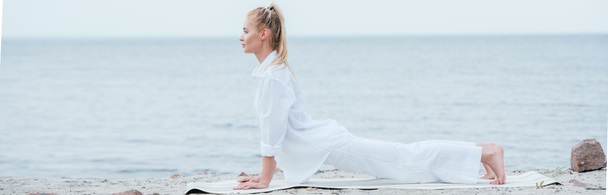 plan panoramique de jeune femme pratiquant le yoga près de la rivière
  - Photo, image