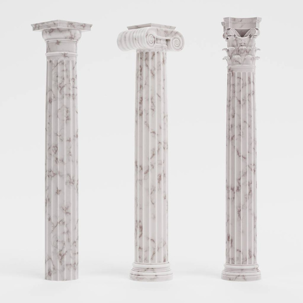 Realistische 3D-rendering van kolommen (Dorische, Ionische en Korinthische) - Foto, afbeelding