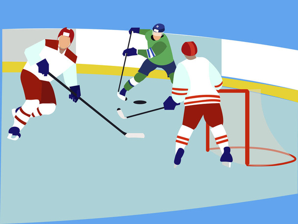 Urheiluottelu, miehet pelaavat jääkiekkoa. Minimalistiseen tyyliin Sarjakuva tasainen vektori
 - Vektori, kuva