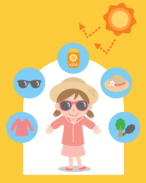 Συμβουλές για την ασφάλεια του ήλιου και εικονογράφηση κοριτσιού. Αντηλιακά προϊόντα, καπέλα, γυαλιά ηλίου, σκιά, αντηλιακό, και ρουχισμός βοηθούν στην προστασία από τις ακτίνες UV  - Διάνυσμα, εικόνα
