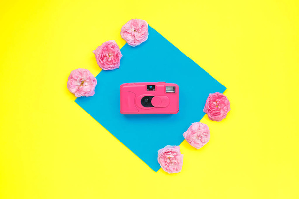 ピンクのカメラとピンクのバラは、デュアル背景に鮮やかな大胆な色で。ファッションコンセプト。ミニマリズム。フラットレイ、トップビュー、サマーコンセプト. - 写真・画像