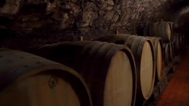 Víno sudy naskládaných ve starém sklepě ve vinařství - Záběry, video