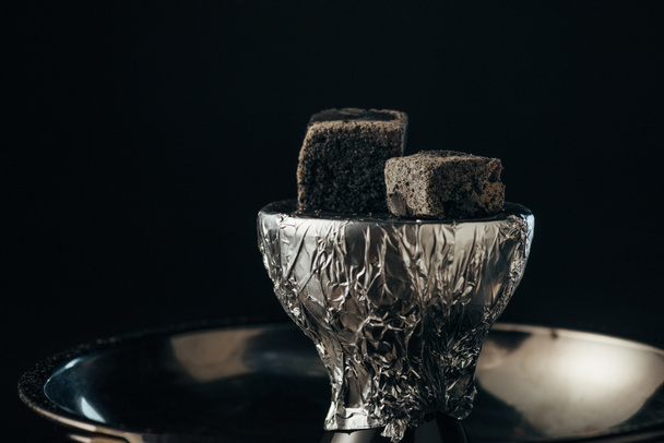 coals on bowl and hookah isolated on black - Photo, Image