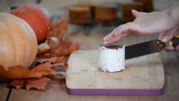 Женщина на кухне делает тыквенный маленький торт
 - Кадры, видео