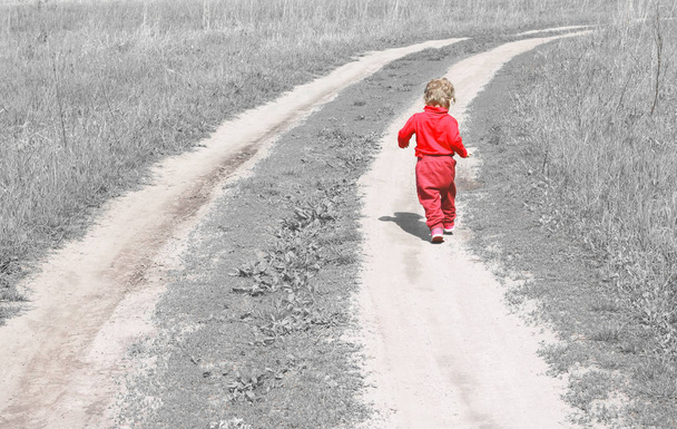 Абстрактна фотографія ззаду, яка тікає на відстань вздовж дороги серед трави як символ зростання дітей і бажання дітей стати дорослими
 - Фото, зображення