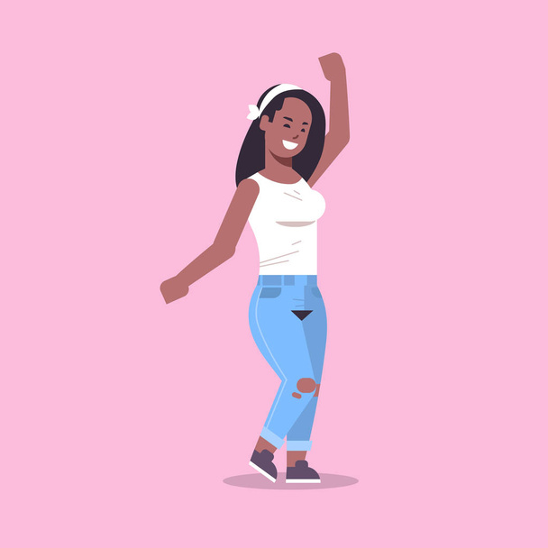 young woman in casual clothes standing pose smiling african american female cartoon character attractive girl raising hand posing flat full length vector illustration - Vektor, Bild