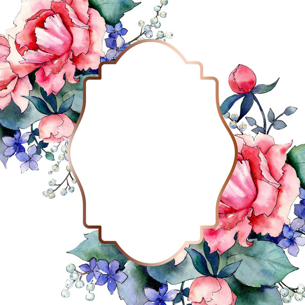 Pink rose bouquet floral botanical flowers. Watercolor background illustration set. Frame border ornament square. - Photo, Image